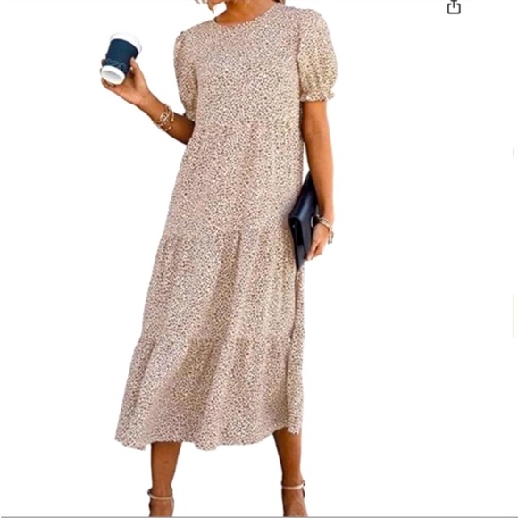 PRETTYGARDEN Cheetah Print Flowy Boho Midi Dress Puff Short Sleeve ,Women’s Sz S - Picture 9 of 9